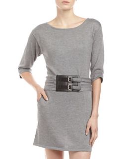 Leather Detail Belted Sweater Dress, Heather Gray