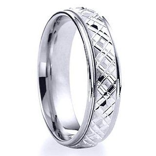 6.0 Millimeters 14Kt White Gold Ring with Crisscross Diamond Cut Center and Bright Ridges, Comfort Fit Style RB37 206W6 by Wedding Rings by Oromi Wedding Bands Jewelry