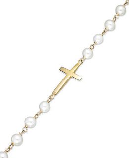 Pearl Bracelet, 14k Gold over Sterling Silver Cultured Freshwater Pearl Cross Bracelet (5mm)   Bracelets   Jewelry & Watches