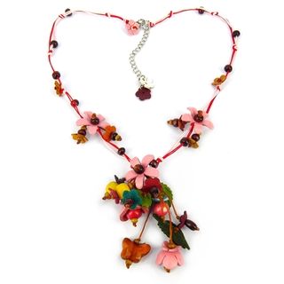 Pink Glass Bead Floral Garden Leather Necklace (Thailand) Necklaces