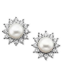 10k White Gold Earrings, Cultured Freshwater Pearl and Diamond (1/8 ct. t.w.)   Earrings   Jewelry & Watches
