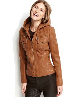 MICHAEL Michael Kors Hooded Leather Jacket   Coats   Women