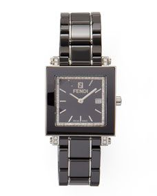 Fendi Ceramic Diamond Stainless Steel Square Watch, Black