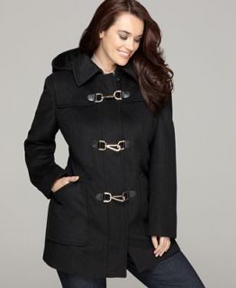 Calvin Klein Plus Size Coat, Hooded Clip Front Wool Blend   Coats   Women