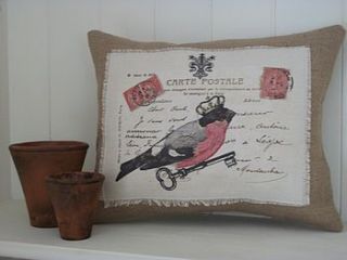 vintage style bullfinch postcard cushion by rustic country crafts