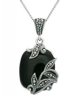 Genevieve & Grace Sterling Silver Necklace, Onyx Cabochon (15 17mm) and Marcasite Square Pendant   Necklaces   Jewelry & Watches
