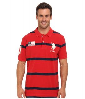 U.S. Polo Assn Stripe Short Sleeve Pique Polo with Big Pony Logo Mens Short Sleeve Pullover (Red)