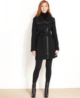 Calvin Klein Petite Coat, Faux Leather Trim Belted   Coats   Women