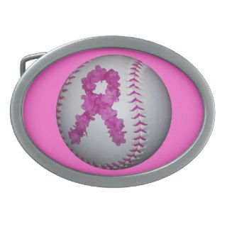 Pink Softball and Awareness Flower Ribbon Oval Belt Buckle