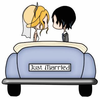 Blonde Bride & Black Haired Groom in Blue Car Photo Cut Out