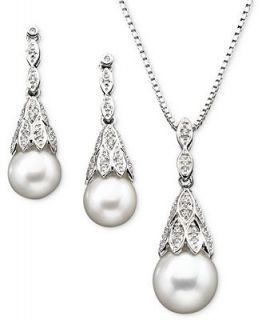 Sterling Silver Earrings and Pendant Set, Diamond Accent and Cultured Freshwater Pearl   Jewelry & Watches