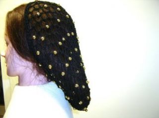 S150b.glpr, Hand Crocheted Black Gimp Large Snood with Gold Pearls