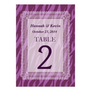 Purple Zebra Print with Lace Wedding Table Numbers Personalized Announcement