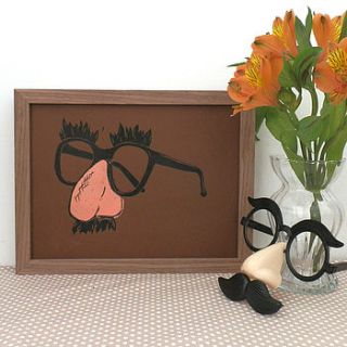 joke shop glasses and mustache linocut print by woah there pickle