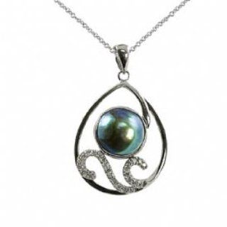 Sterling silver 10mm Pacific Blue and diamond (.172ctw) mobe pearl pendant, 18" Jewelry