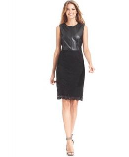 Calvin Klein Dress, Sleeveless Faux Leather Lace Sheath   Dresses   Women