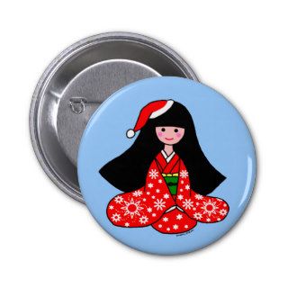 Kimono Girl Christmas Cartoon Illustration Buttons