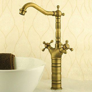 Antique Brass two rotating handle single hole basin faucet   Touch On Bathroom Sink Faucets  
