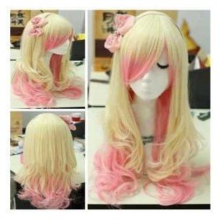 63cm Long Zipper Beige+pink Wavy Cosplay Hair Wig Rw157  Hair Replacement Wigs  Beauty