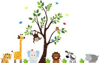 Baby Nursery Wall Decals Safari Jungle Childrens Themed 83" X 156" (Inches) Animals Trees Wildlife Repositionable Removable Reusable Wall Art Better than vinyl wall decals Superior Material  Nursery Wall Decor  Baby