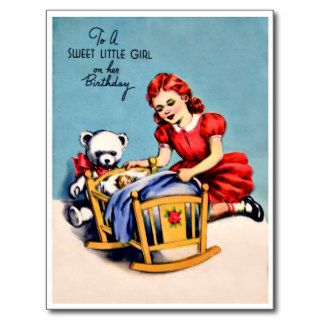 Sweet Little Girl and Teddy Bear   Retro Birthday Post Cards