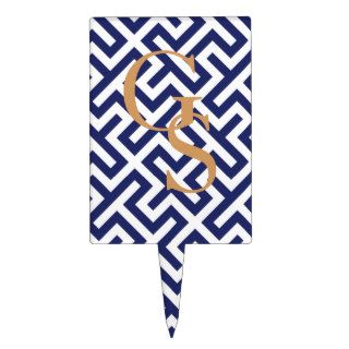 Modern blue abstract geometric patterns monogram cake toppers