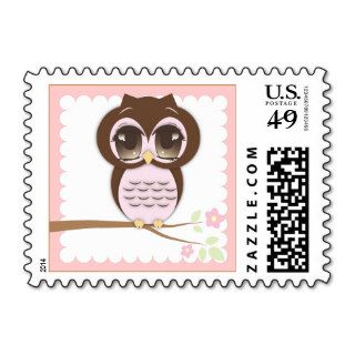 Cute Baby Owl Girl in Pink Sitting on a Branch Stamp