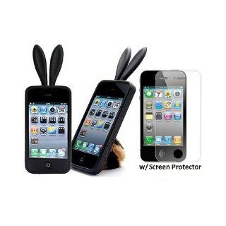 Black Cute 3D Bunny Rabbit Ears Furry Tail Soft Gel Apple iPhone 4S 4 Cover Case w/ Screen Protector Cell Phones & Accessories