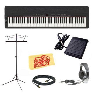 Yamaha P155B Digital Piano with Ebony Top Board Bundle with Sustain Pedal, Headphones, Music Stand, MIDI Cable, and Dust Cloth   Black Musical Instruments