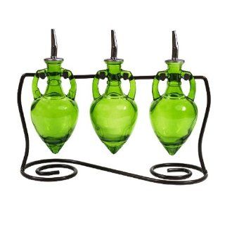 Retro Style Vinegar & Olive Oil Glass Bottle Liquid Dispensers Set/3 ~ G155 Set of 3 Lime Decorative Amphora Style Bottles with Chrome Spouts & Black Metal Swirl Stand Kitchen & Dining