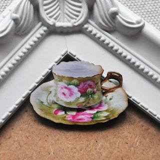 pink & green floral wooden teacup brooch by artysmarty