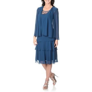 S.L. Fashions Women's Night Blue Tiered Dress and Jacket Set S.L. Fashions Evening & Formal Dresses