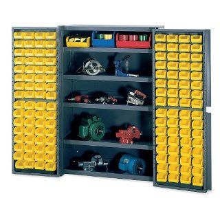 48" Wide Jumbo Deep Door Bin Cabinet with Shelves and 128 Bins   Gray Workstation Tool Cabinets