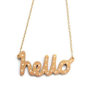wooden hello necklace in gold and white polka by rock cakes