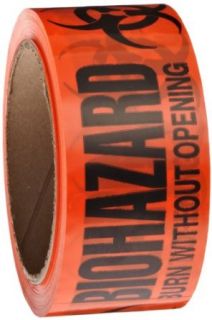 Roll Products 142 0007 PVC Film Biohazard Warning Tape with Black Imprint, Legend "Biohazard   Burn Without Opening" (with Logo), 55 yd. Length x 2" Width, 3" Diameter Core Roll, for Identifying and Marking, Fluorescent Red/Orange Indu