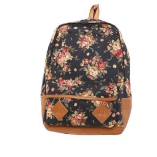 fancasen Black Color Vintage Cute Flower Pattern School Bag Book Campus Bag Backpack Shoes