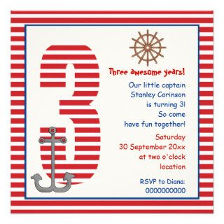Nautical red, white sailboat 3rd birthday party invitations