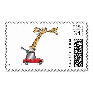 funny silly giraffe in a car commuting postage stamps