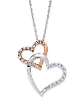 Diamond Necklace, Sterling Silver and 14k Rose Gold Diamond Double Heart Pendant (1/10 ct. t.w.)   Necklaces   Jewelry & Watches