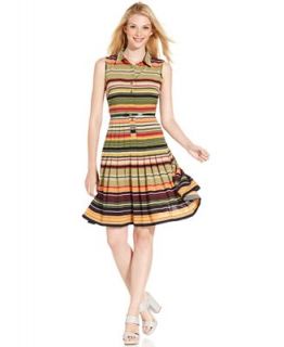 Calvin Klein Dress, Sleeveless Striped Belted Pleated   Dresses   Women