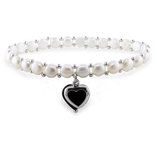 Sterling Silver Freshwater White Pearl and Onyx Bracelet Pearl Bracelets