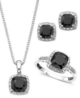 Sterling Silver Three Piece Set, Onyx and Diamond Accent Ring, Pendant, and Earrings   Jewelry & Watches
