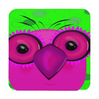 Funky Purple Cartoon Owl on Lime Green Background Coaster