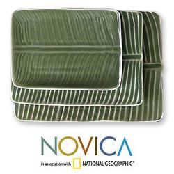 Set of 3 Handcrafted Ceramic 'Green Garden' Plates (Indonesia) Novica Flatware