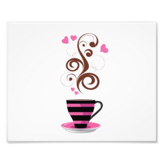 Coffee Cup, Swirls, Hearts   Pink Black Brown Photographic Print