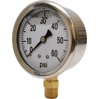 Valley Instrument 2 1/2in. Stainless Steel Glycerin Gauge — 0-60 PSI  Dry Gauges