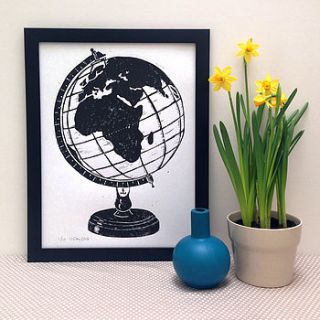 globe limited edition linocut print by woah there pickle