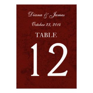 Burgundy Grunge Damask Wedding Table Number Set Cards