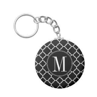 Black and White Quatrefoil Pattern Custom Monogram Key Chains