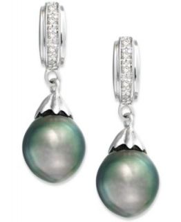 Cultured Tahitian Black Pearl (8mm) and Diamond Accent Drop Earrings in Sterling Silver   Earrings   Jewelry & Watches